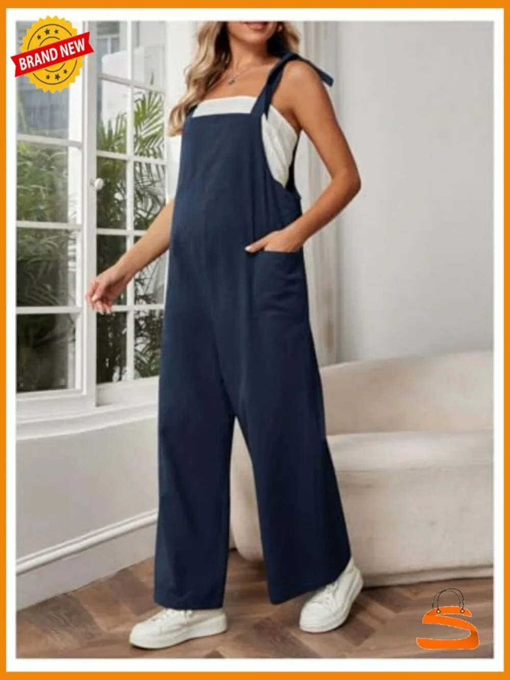 Maternity Front Pocket Jumpsuit Knot Shoulder Strap Sleeveless Wide Leg Overalls